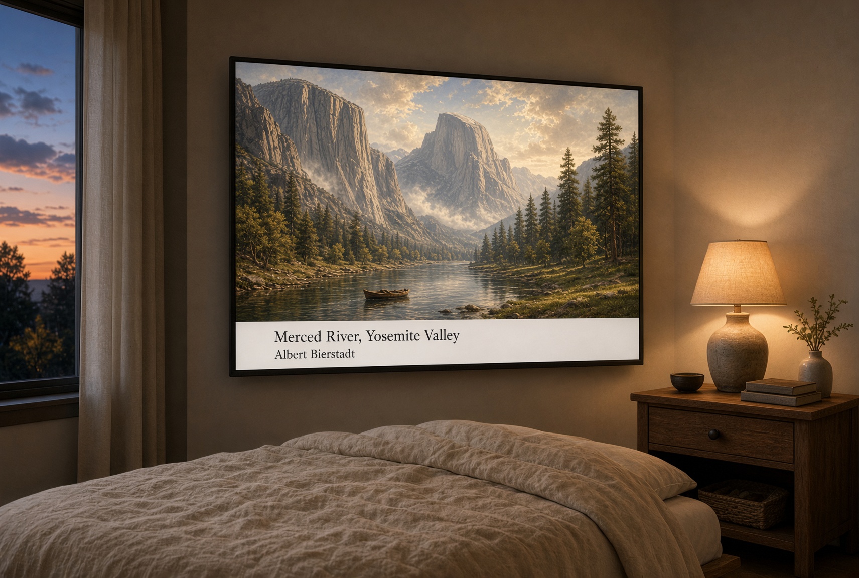 Albert Bierstadt landscape displayed on a bedroom television