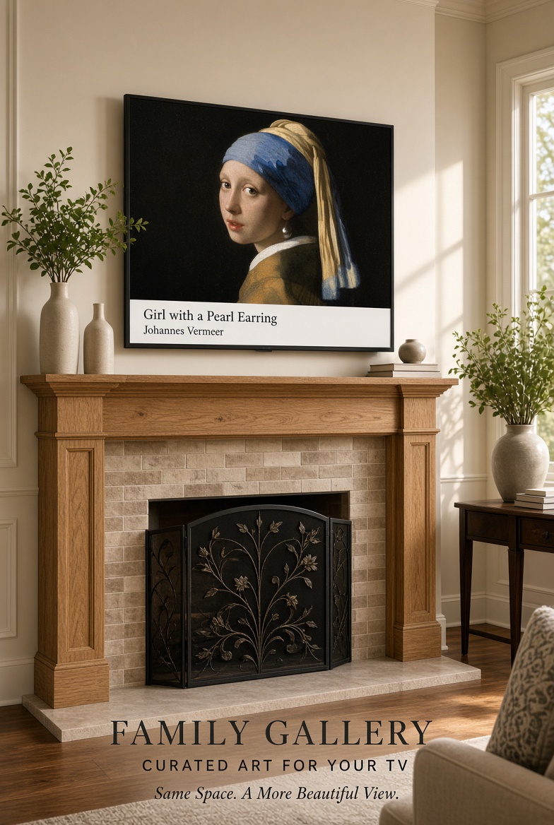 Girl with a Pearl Earring displayed above a fireplace